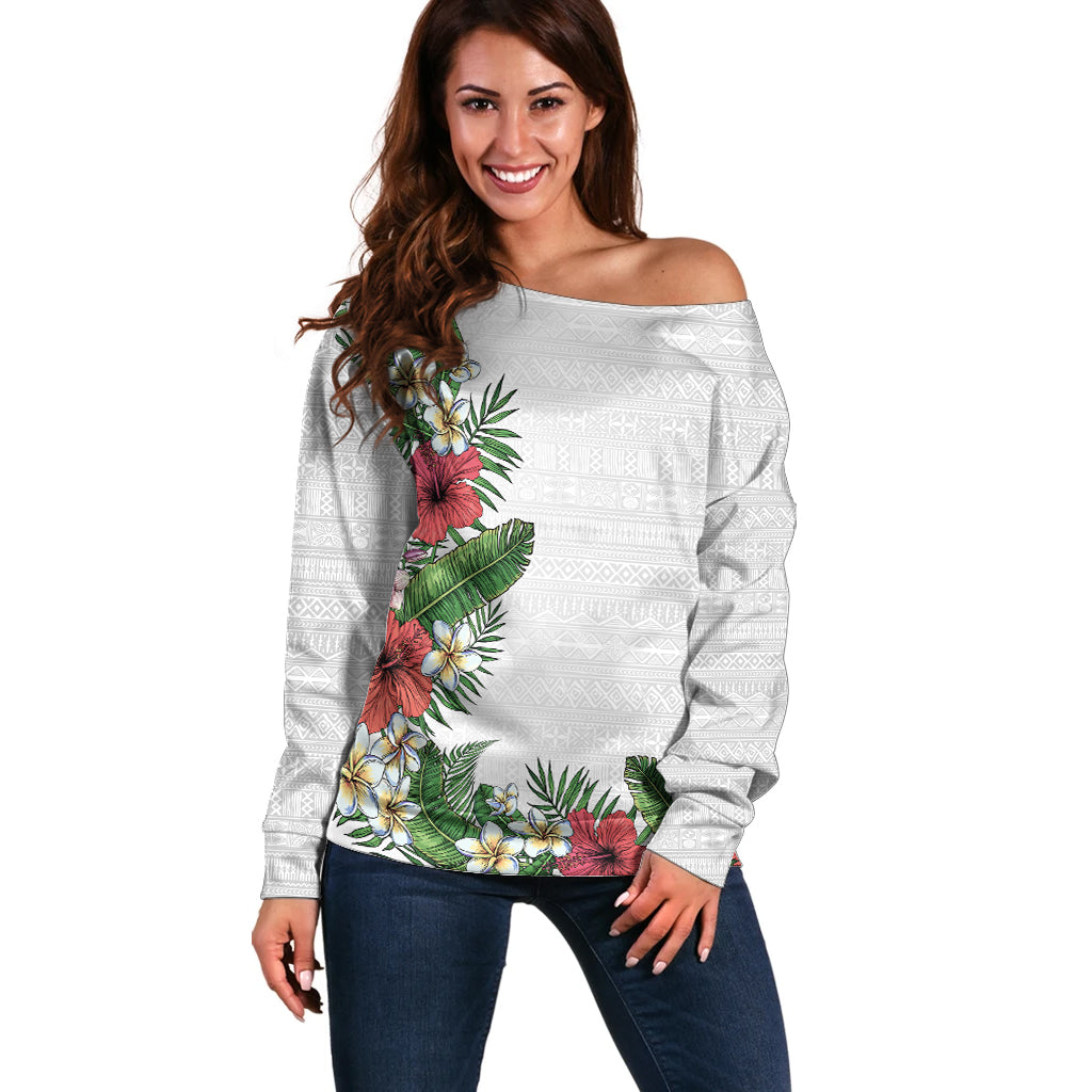 Hawaii Tropical Flowers and Leaves Off Shoulder Sweater Tapa Pattern White Mode