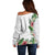 Hawaii Tropical Flowers and Leaves Off Shoulder Sweater Tapa Pattern White Mode