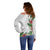 Hawaii Tropical Flowers and Leaves Off Shoulder Sweater Tapa Pattern White Mode