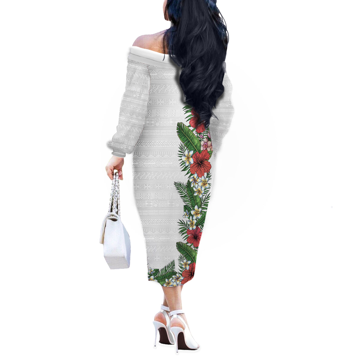 Hawaii Tropical Flowers and Leaves Off The Shoulder Long Sleeve Dress Tapa Pattern White Mode