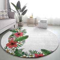 Hawaii Tropical Flowers and Leaves Round Carpet Tapa Pattern White Mode