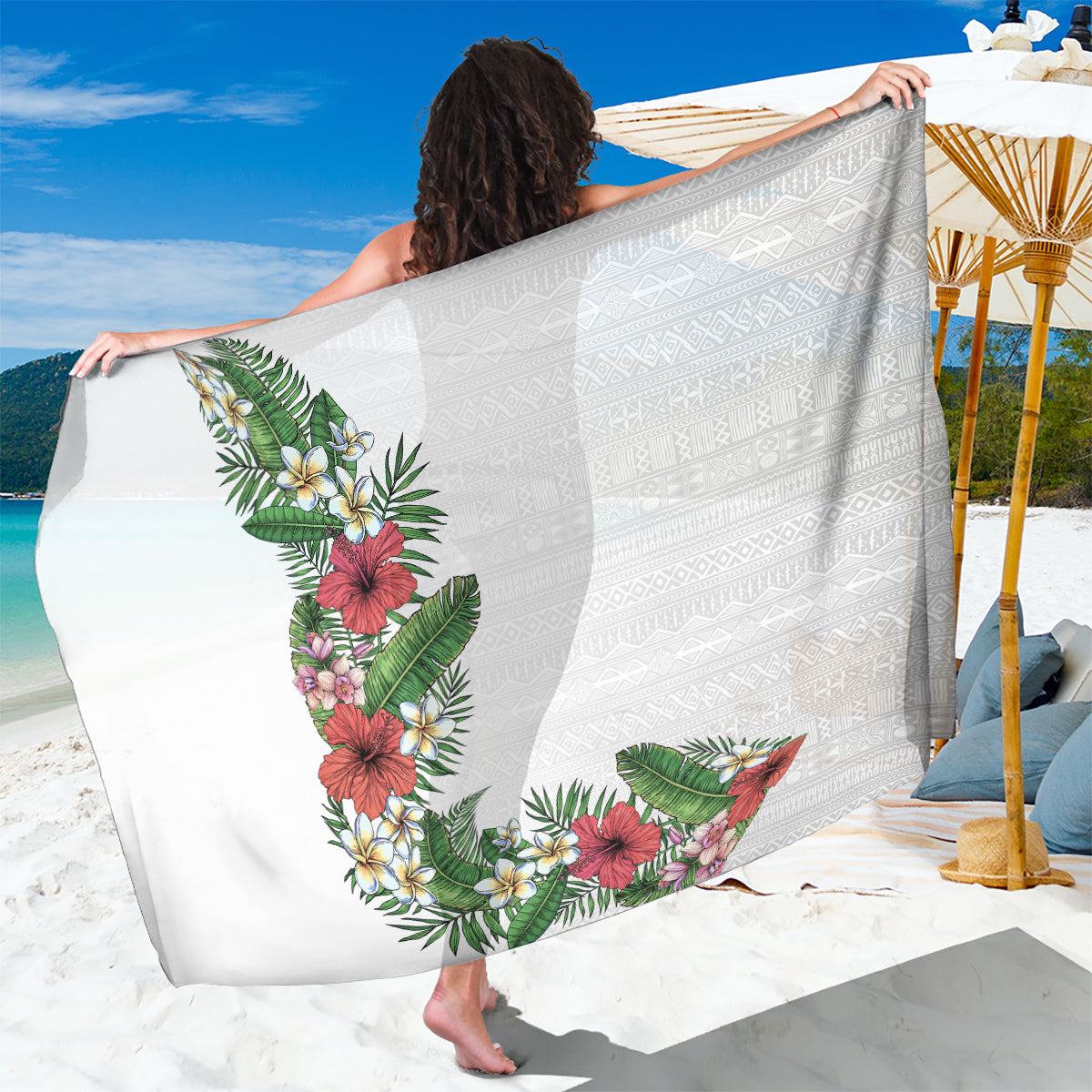 Hawaii Tropical Flowers and Leaves Sarong Tapa Pattern White Mode