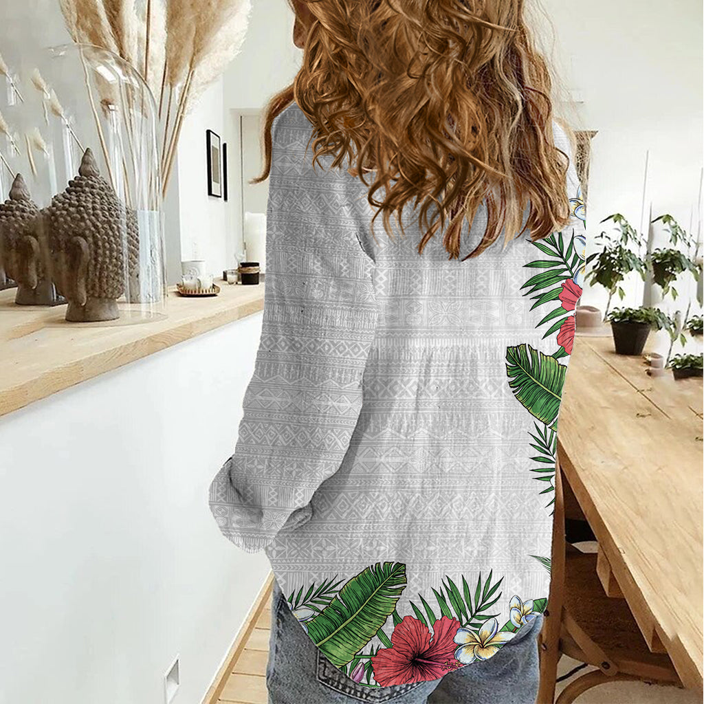 Hawaii Tropical Flowers and Leaves Women Casual Shirt Tapa Pattern White Mode