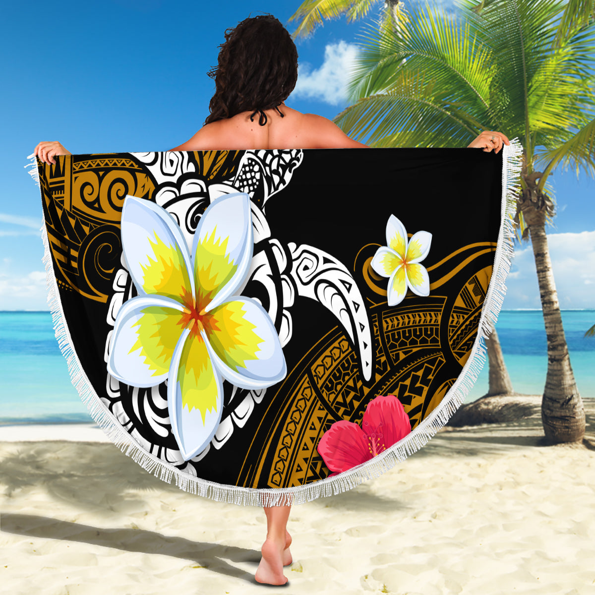 Hawaii Turtle and Tropical Flower Beach Blanket Polynesian Pattern