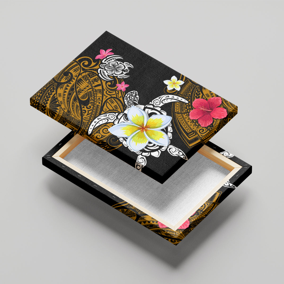 Hawaii Turtle and Tropical Flower Canvas Wall Art Polynesian Pattern