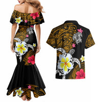 Hawaii Turtle and Tropical Flower Couples Matching Mermaid Dress and Hawaiian Shirt Polynesian Pattern