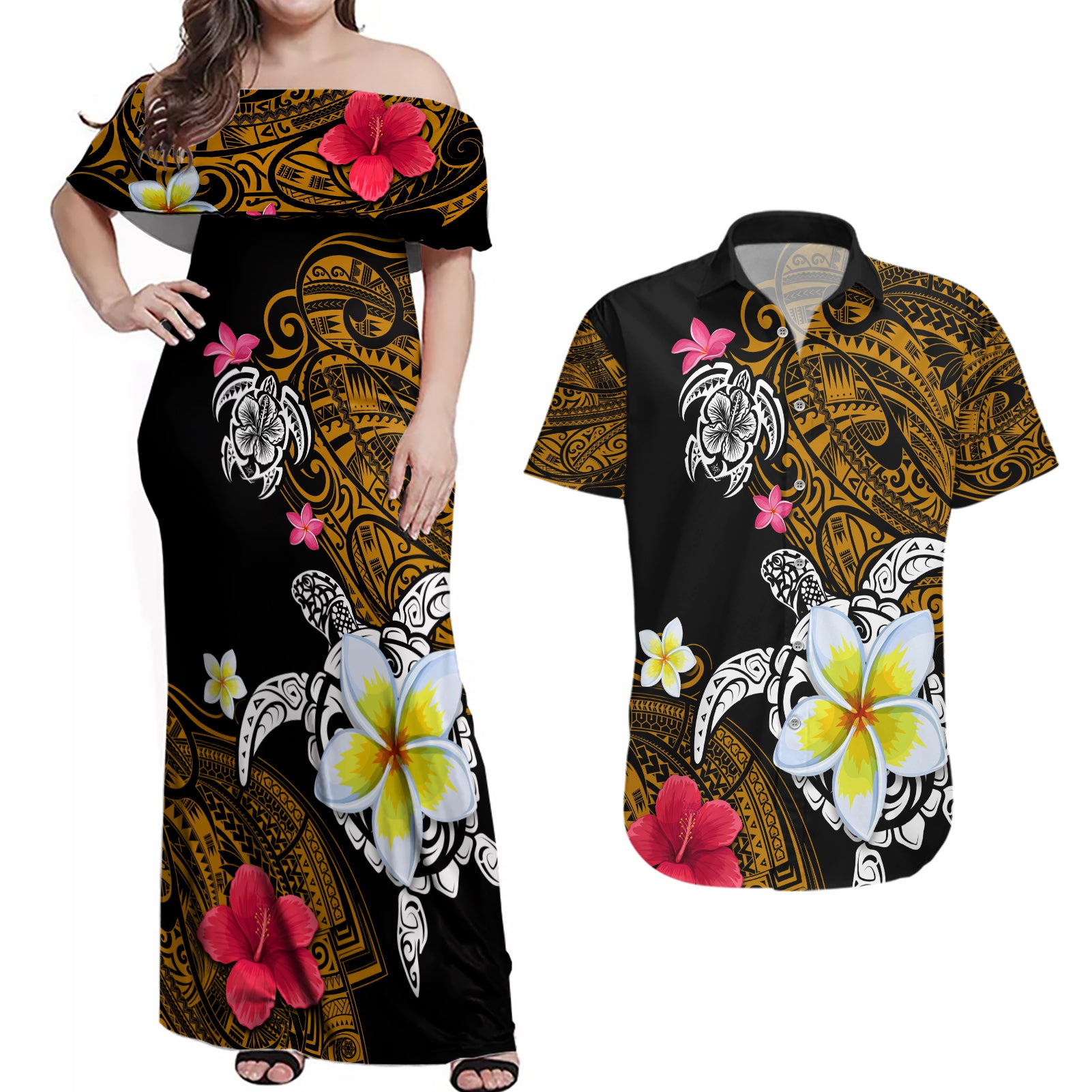 Hawaii Turtle and Tropical Flower Couples Matching Off Shoulder Maxi Dress and Hawaiian Shirt Polynesian Pattern