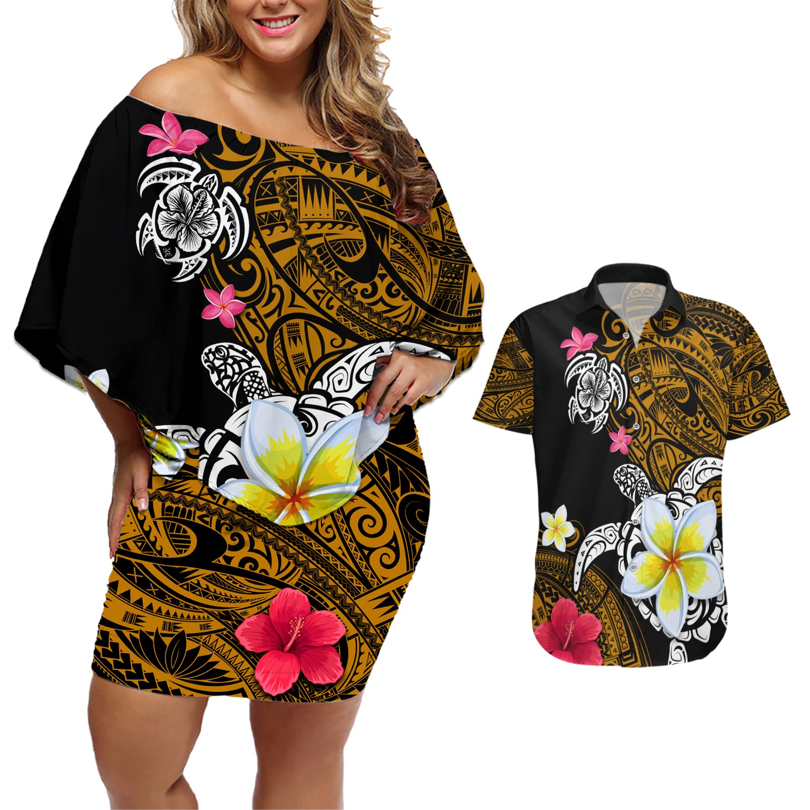 Hawaii Turtle and Tropical Flower Couples Matching Off Shoulder Short Dress and Hawaiian Shirt Polynesian Pattern