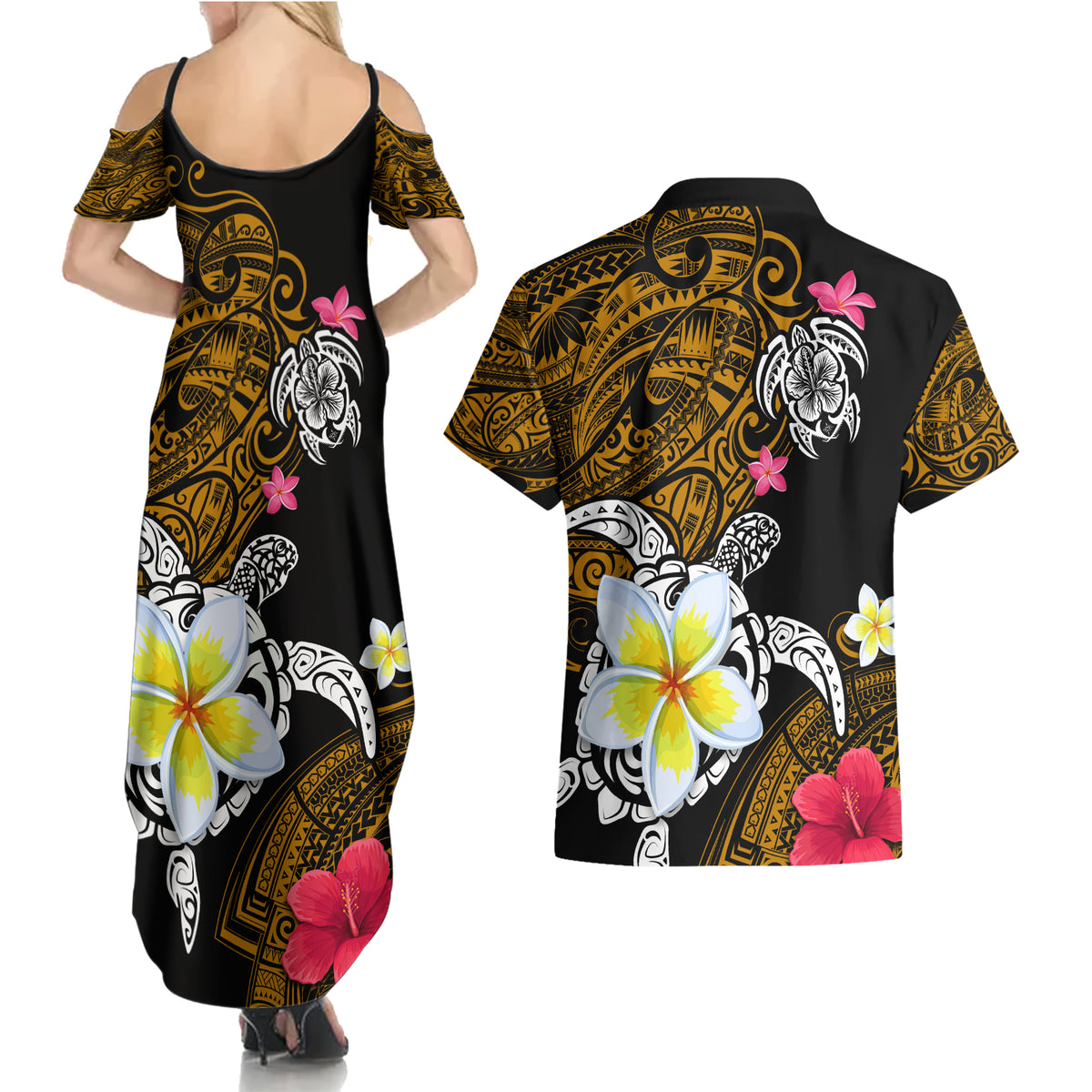 Hawaii Turtle and Tropical Flower Couples Matching Summer Maxi Dress and Hawaiian Shirt Polynesian Pattern