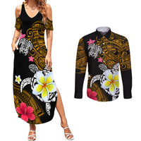 Hawaii Turtle and Tropical Flower Couples Matching Summer Maxi Dress and Long Sleeve Button Shirt Polynesian Pattern