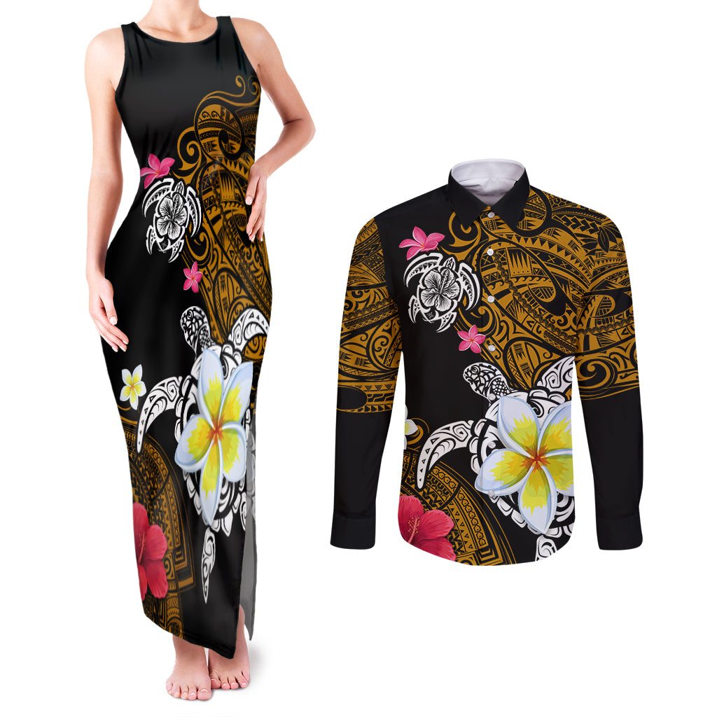 Hawaii Turtle and Tropical Flower Couples Matching Tank Maxi Dress and Long Sleeve Button Shirt Polynesian Pattern