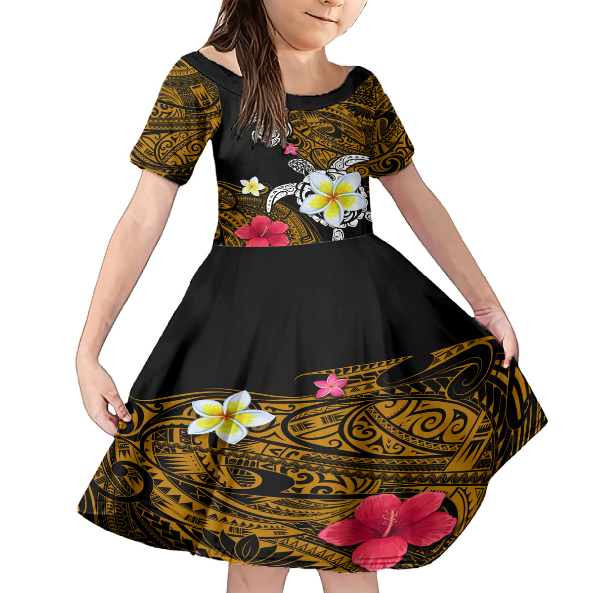 Hawaii Turtle and Tropical Flower Family Matching Short Sleeve Bodycon Dress and Hawaiian Shirt Polynesian Pattern