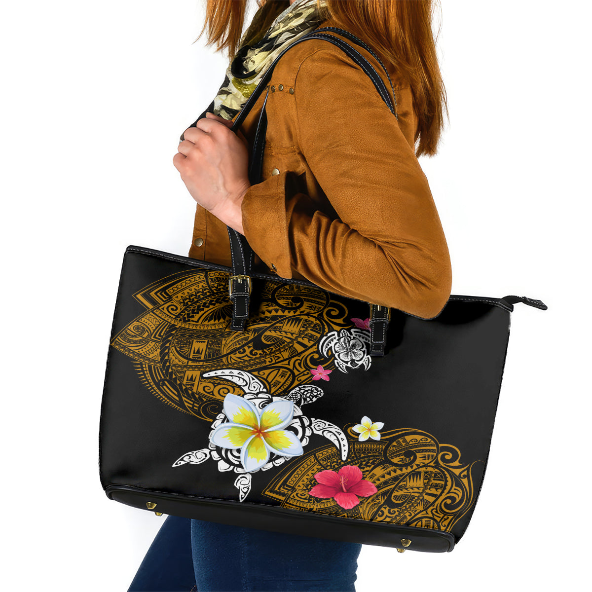 Hawaii Turtle and Tropical Flower Leather Tote Bag Polynesian Pattern