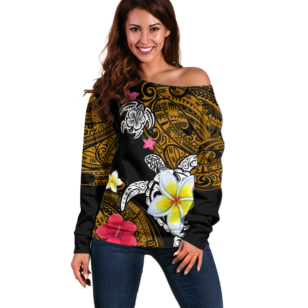 Hawaii Turtle and Tropical Flower Off Shoulder Sweater Polynesian Pattern