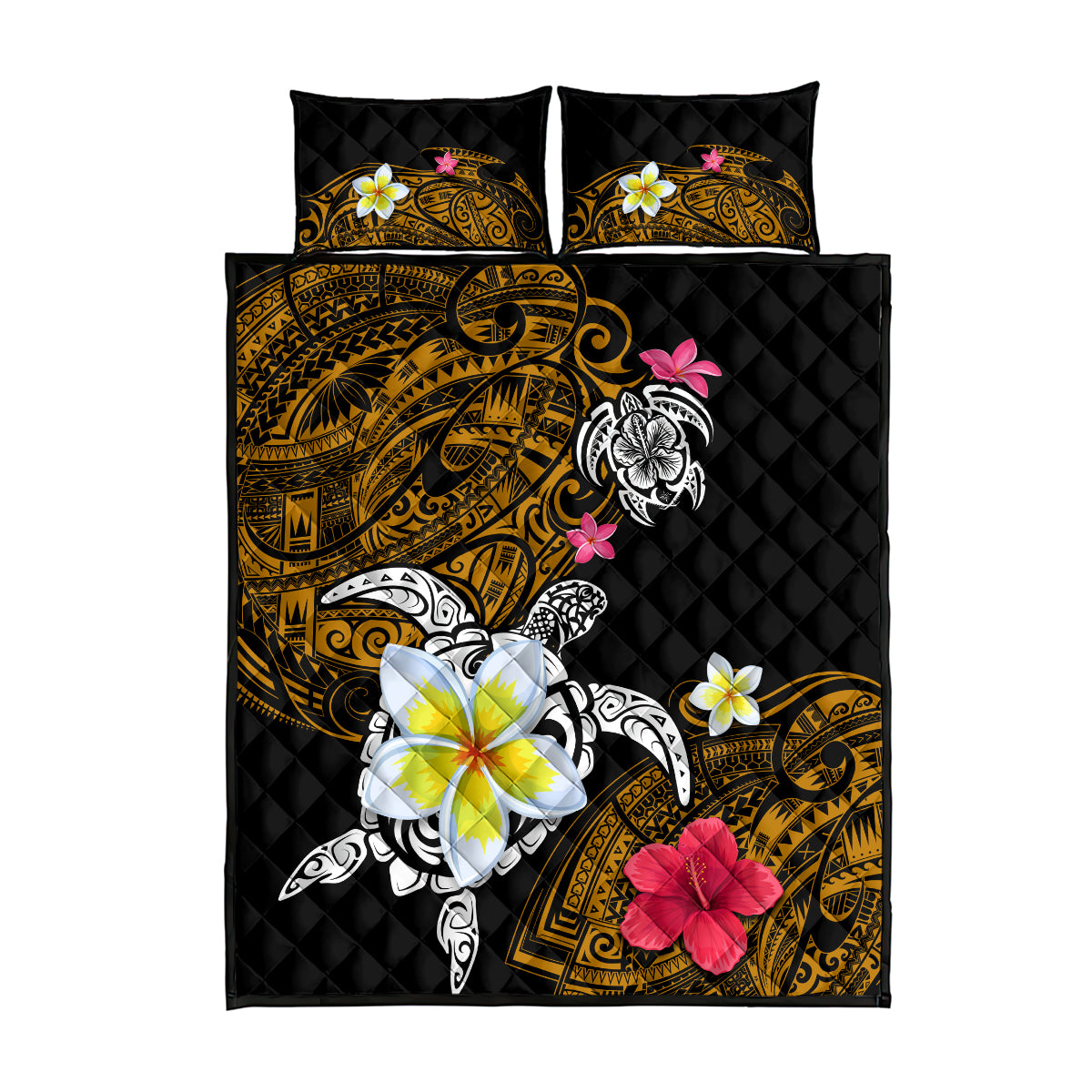 Hawaii Turtle and Tropical Flower Quilt Bed Set Polynesian Pattern