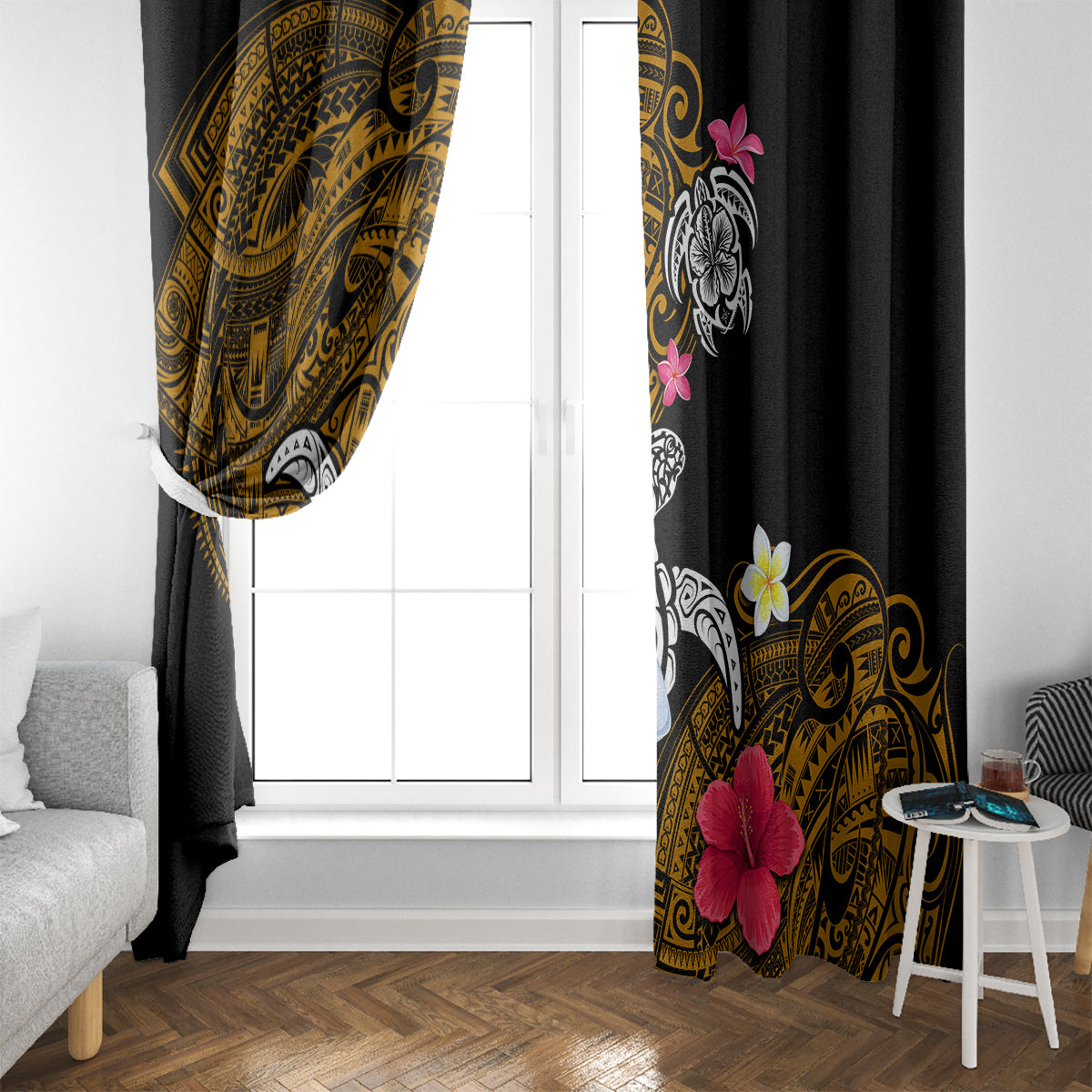 Hawaii Turtle and Tropical Flower Window Curtain Polynesian Pattern