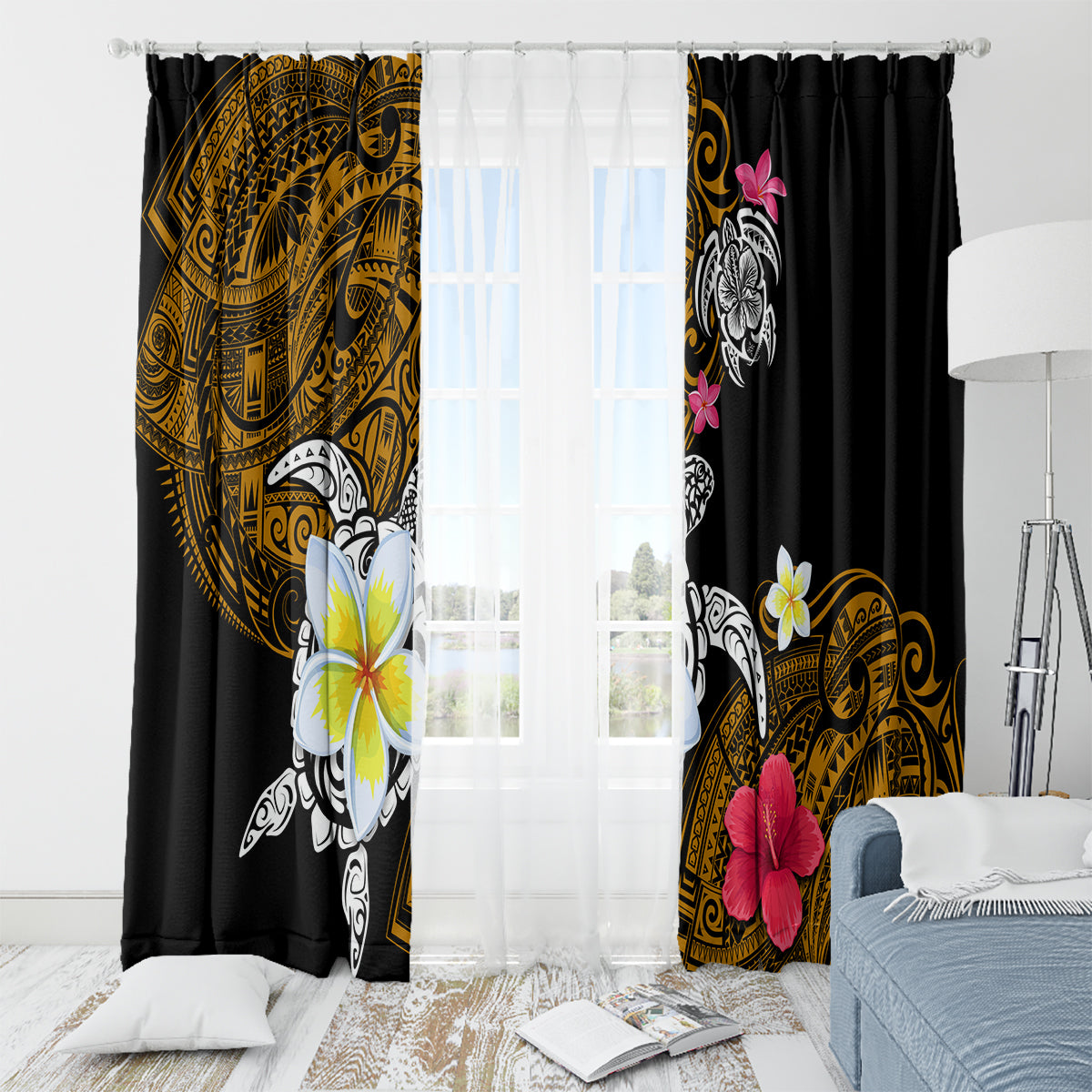 Hawaii Turtle and Tropical Flower Window Curtain Polynesian Pattern