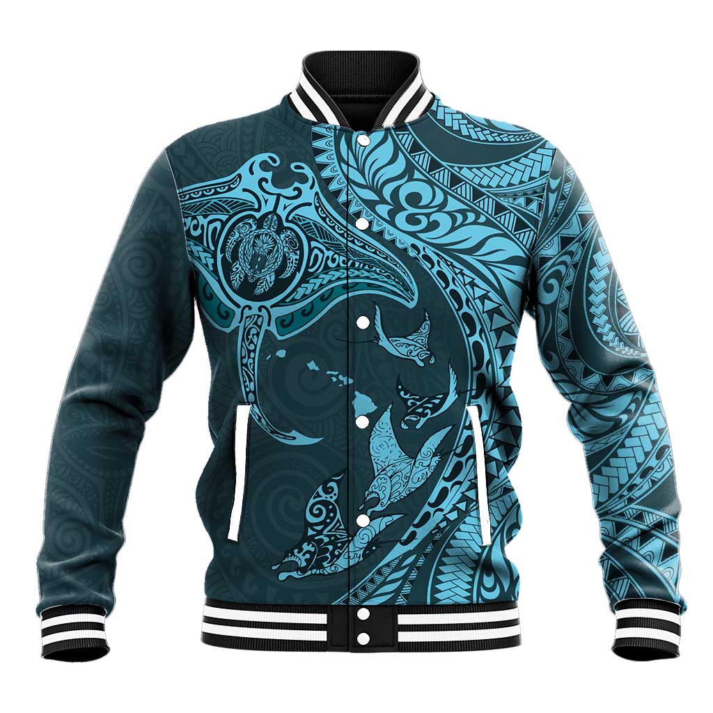 Hawaiian Manta Ray and Polynesian Tribal Tattoo Baseball Jacket Turquoise Color LT03
