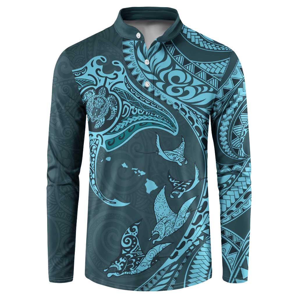 Hawaiian Manta Ray and Polynesian Tribal Tattoo Button Sweatshirt Turquoise Color LT03