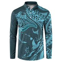Hawaiian Manta Ray and Polynesian Tribal Tattoo Button Sweatshirt Turquoise Color LT03