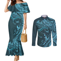 Hawaiian Manta Ray and Polynesian Tribal Tattoo Couples Matching Mermaid Dress and Long Sleeve Button Shirt Turquoise Color LT03