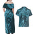 Hawaiian Manta Ray and Polynesian Tribal Tattoo Couples Matching Off Shoulder Maxi Dress and Hawaiian Shirt Turquoise Color LT03