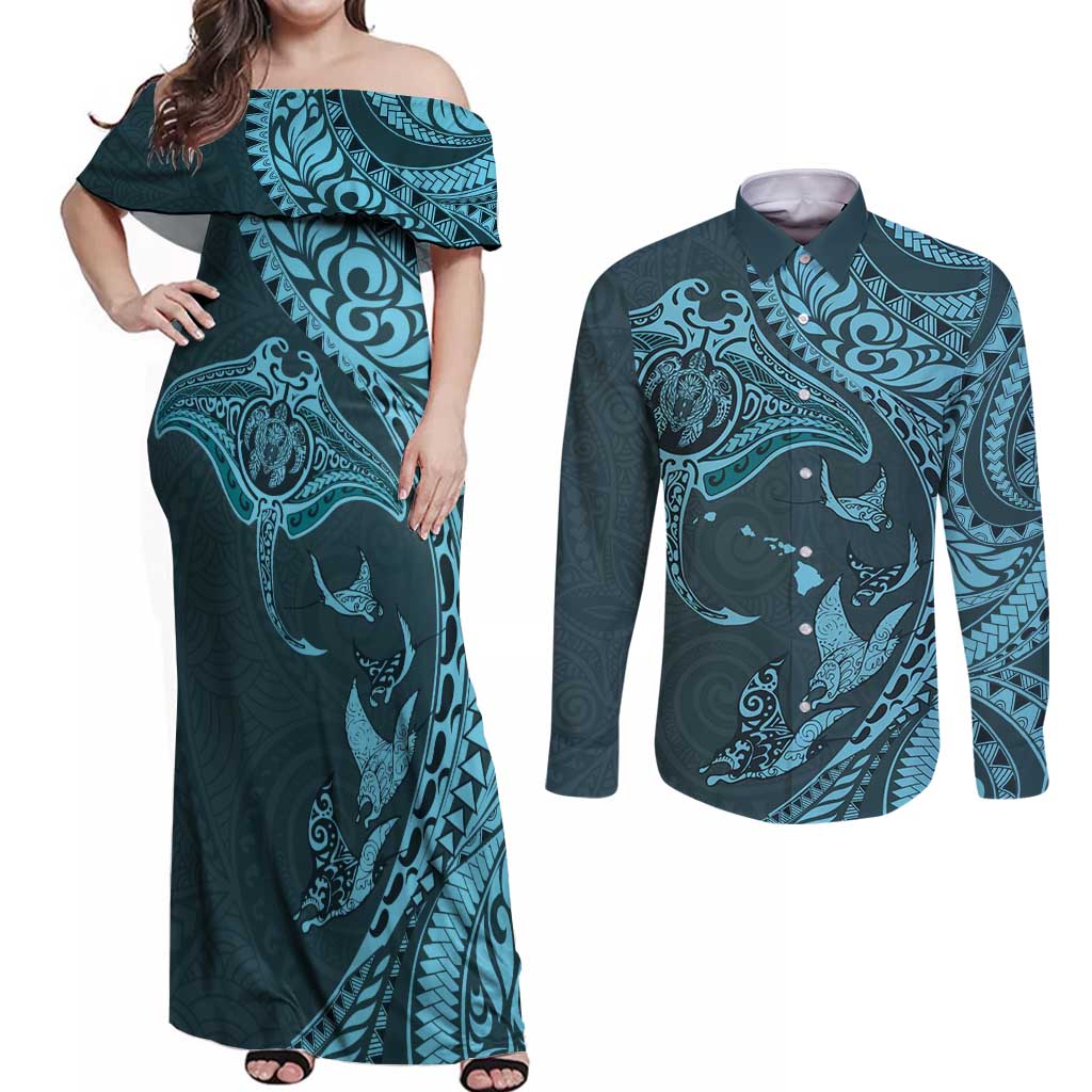 Hawaiian Manta Ray and Polynesian Tribal Tattoo Couples Matching Off Shoulder Maxi Dress and Long Sleeve Button Shirt Turquoise Color LT03