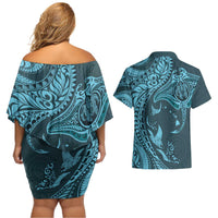 Hawaiian Manta Ray and Polynesian Tribal Tattoo Couples Matching Off Shoulder Short Dress and Hawaiian Shirt Turquoise Color LT03