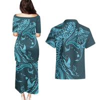 Hawaiian Manta Ray and Polynesian Tribal Tattoo Couples Matching Puletasi and Hawaiian Shirt Turquoise Color LT03