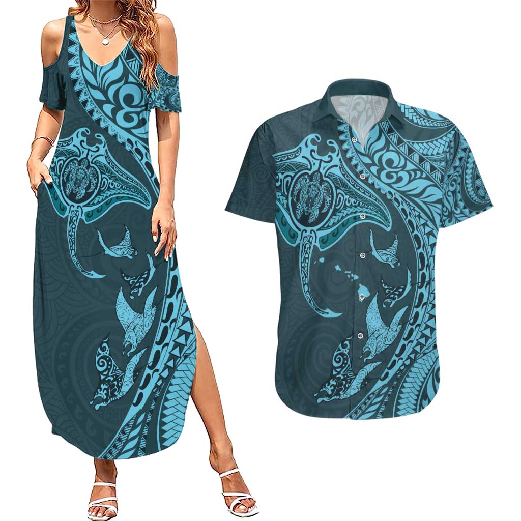 Hawaiian Manta Ray and Polynesian Tribal Tattoo Couples Matching Summer Maxi Dress and Hawaiian Shirt Turquoise Color LT03