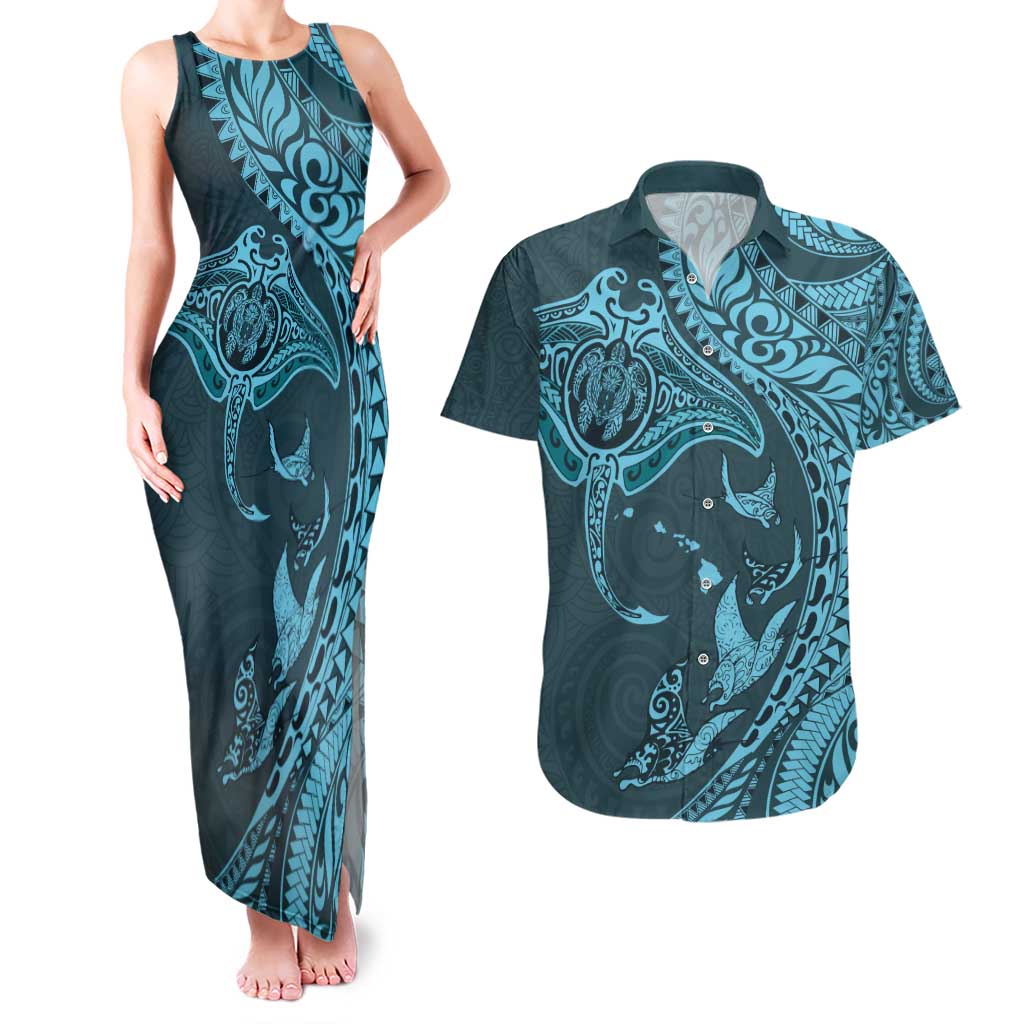Hawaiian Manta Ray and Polynesian Tribal Tattoo Couples Matching Tank Maxi Dress and Hawaiian Shirt Turquoise Color LT03