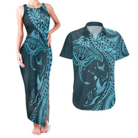 Hawaiian Manta Ray and Polynesian Tribal Tattoo Couples Matching Tank Maxi Dress and Hawaiian Shirt Turquoise Color LT03