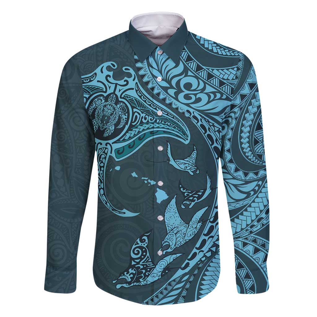 Hawaiian Manta Ray and Polynesian Tribal Tattoo Family Matching Long Sleeve Bodycon Dress and Hawaiian Shirt Turquoise Color LT03