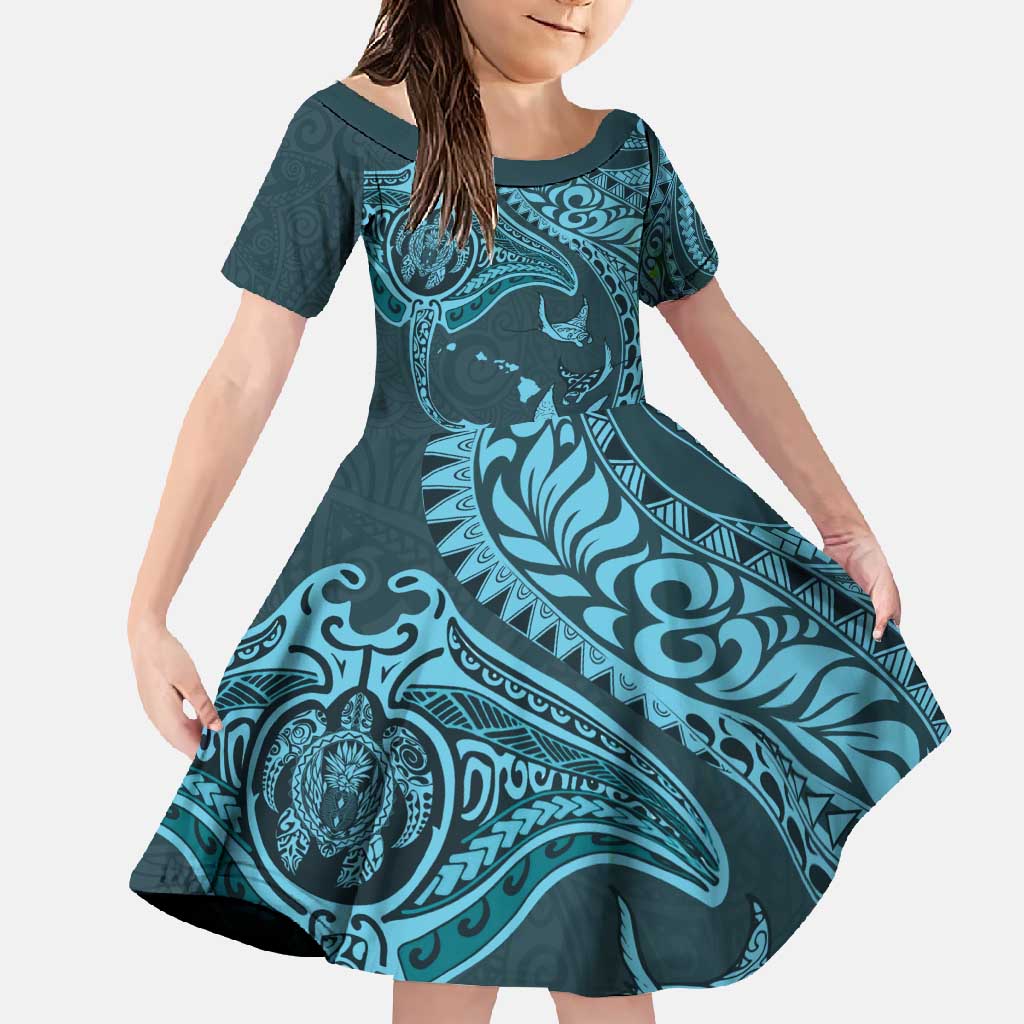 Hawaiian Manta Ray and Polynesian Tribal Tattoo Family Matching Mermaid Dress and Hawaiian Shirt Turquoise Color LT03