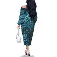 Hawaiian Manta Ray and Polynesian Tribal Tattoo Family Matching Off The Shoulder Long Sleeve Dress and Hawaiian Shirt Turquoise Color LT03