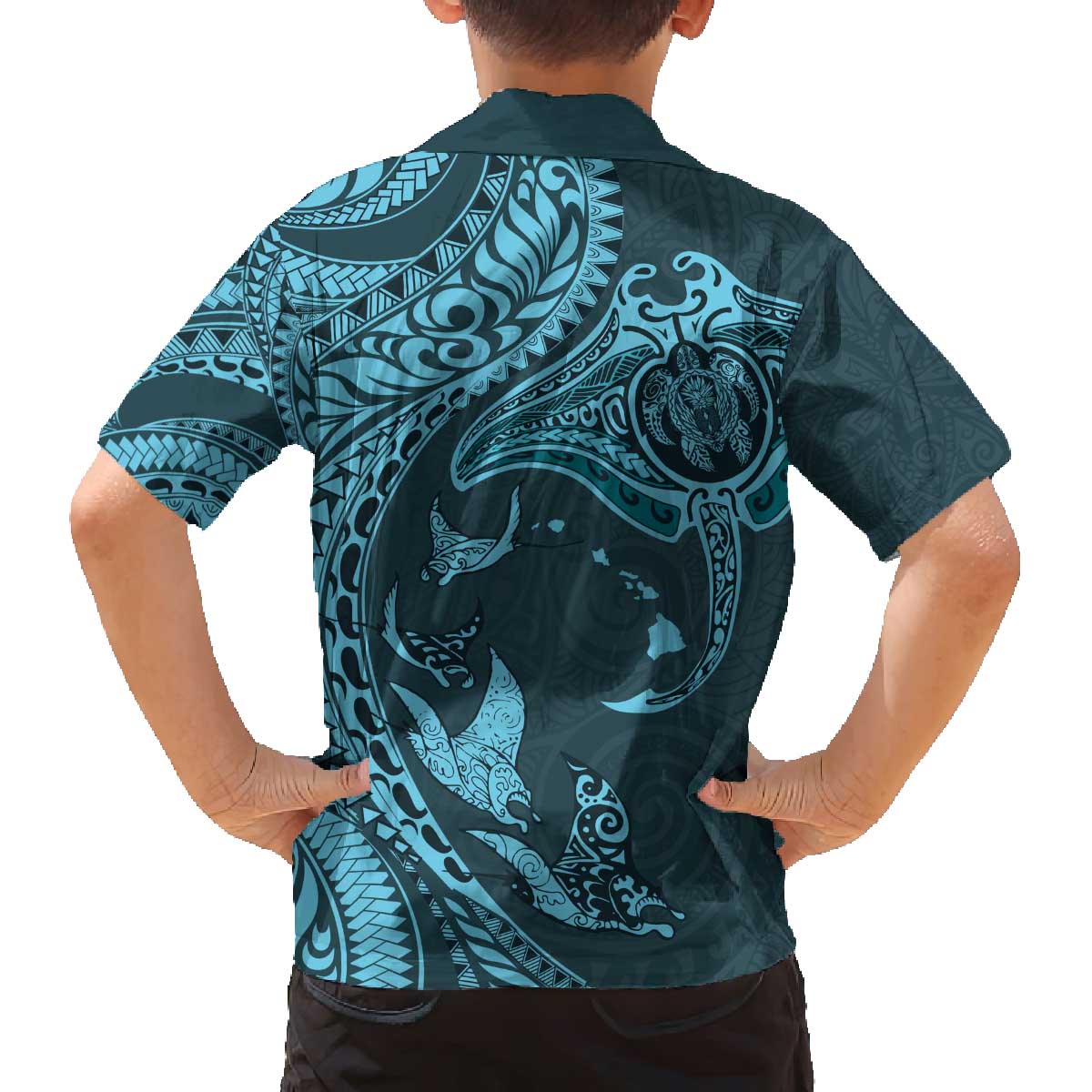Hawaiian Manta Ray and Polynesian Tribal Tattoo Family Matching Puletasi and Hawaiian Shirt Turquoise Color LT03 - Polynesian Pride