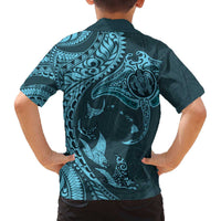 Hawaiian Manta Ray and Polynesian Tribal Tattoo Family Matching Puletasi and Hawaiian Shirt Turquoise Color LT03 - Polynesian Pride