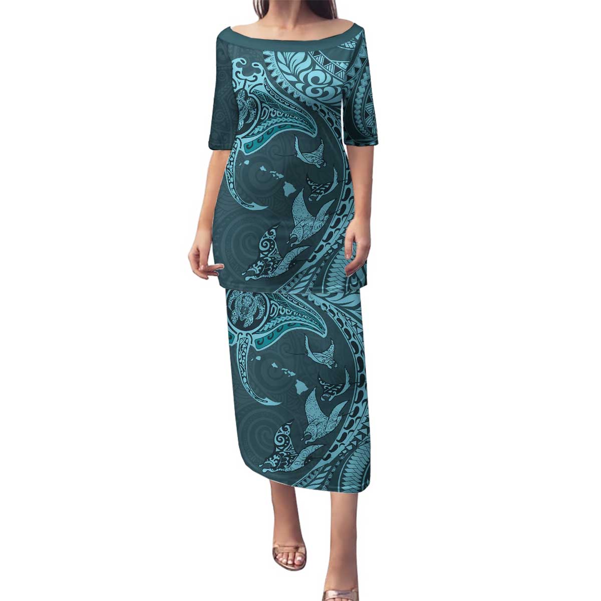 Hawaiian Manta Ray and Polynesian Tribal Tattoo Family Matching Puletasi and Hawaiian Shirt Turquoise Color LT03 Mom's Dress Turquoise - Polynesian Pride