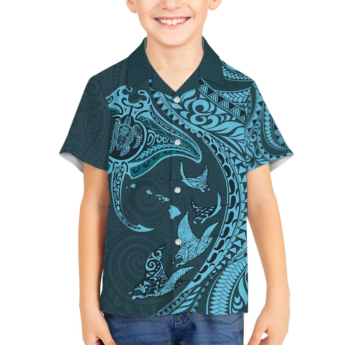 Hawaiian Manta Ray and Polynesian Tribal Tattoo Family Matching Puletasi and Hawaiian Shirt Turquoise Color LT03 Son's Shirt Turquoise - Polynesian Pride