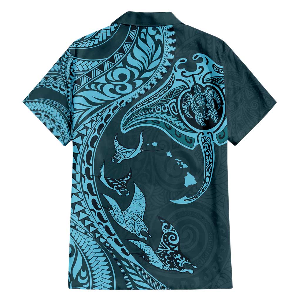 Hawaiian Manta Ray and Polynesian Tribal Tattoo Family Matching Short Sleeve Bodycon Dress and Hawaiian Shirt Turquoise Color LT03