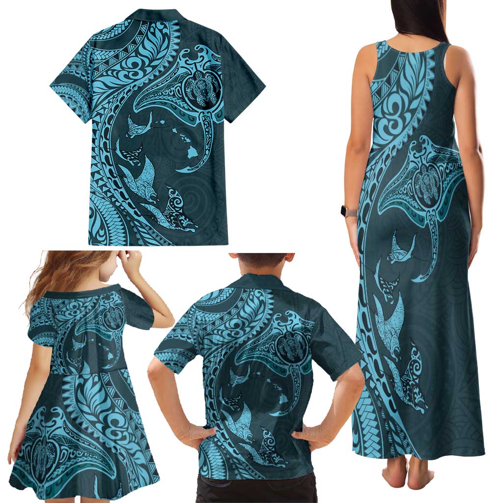 Hawaiian Manta Ray and Polynesian Tribal Tattoo Family Matching Tank Maxi Dress and Hawaiian Shirt Turquoise Color LT03