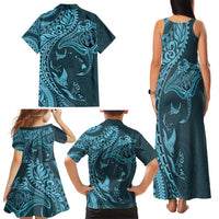 Hawaiian Manta Ray and Polynesian Tribal Tattoo Family Matching Tank Maxi Dress and Hawaiian Shirt Turquoise Color LT03