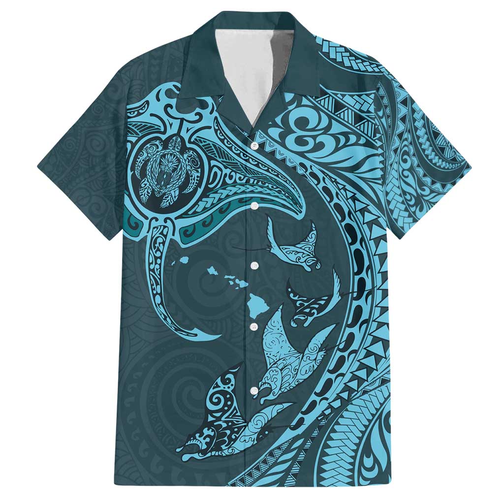Hawaiian Manta Ray and Polynesian Tribal Tattoo Family Matching Tank Maxi Dress and Hawaiian Shirt Turquoise Color LT03