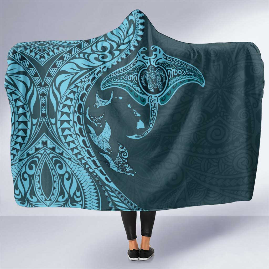 Hawaiian Manta Ray and Polynesian Tribal Tattoo Hooded Blanket Turquoise Color LT03