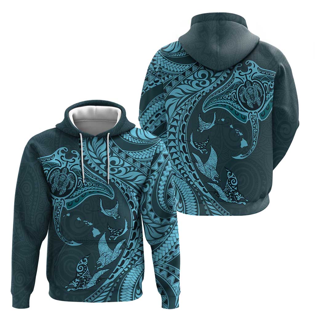 Hawaiian Manta Ray and Polynesian Tribal Tattoo Hoodie Turquoise Color LT03