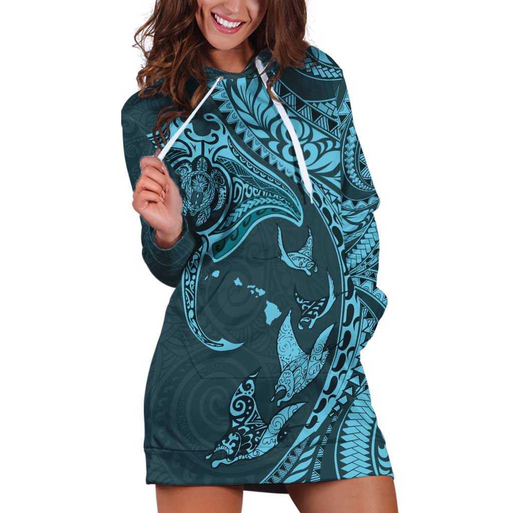 Hawaiian Manta Ray and Polynesian Tribal Tattoo Hoodie Dress Turquoise Color LT03