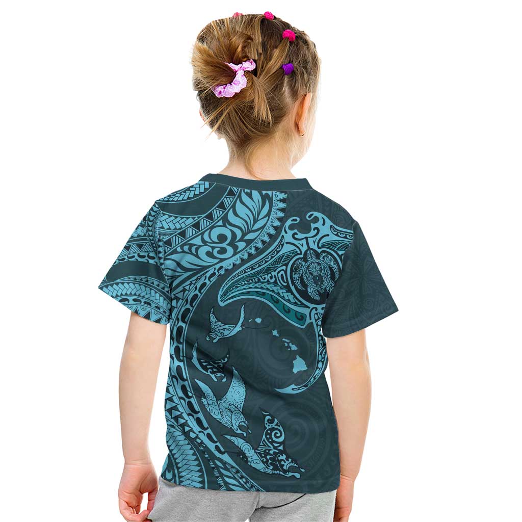 Hawaiian Manta Ray and Polynesian Tribal Tattoo Kid T Shirt Turquoise Color LT03