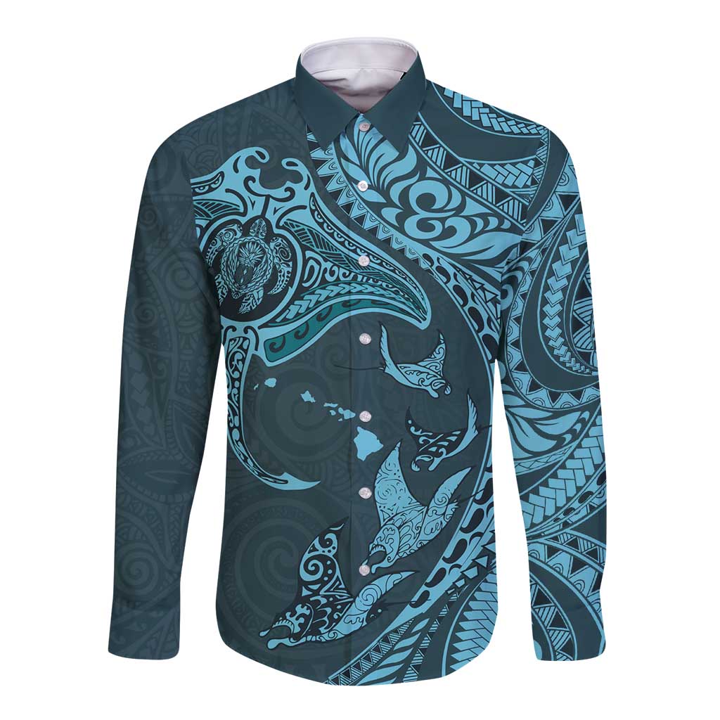 Hawaiian Manta Ray and Polynesian Tribal Tattoo Long Sleeve Button Shirt Turquoise Color LT03