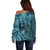 Hawaiian Manta Ray and Polynesian Tribal Tattoo Off Shoulder Sweater Turquoise Color LT03