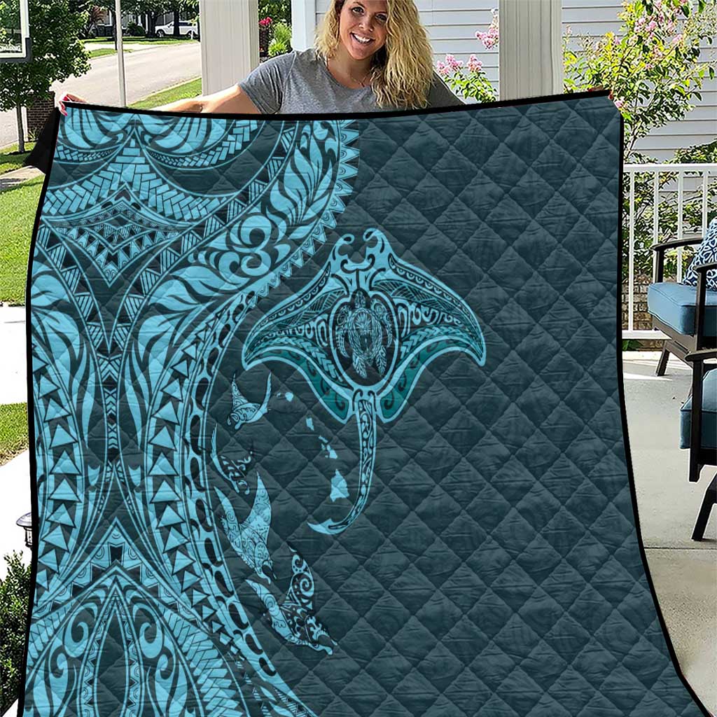 Hawaiian Manta Ray and Polynesian Tribal Tattoo Quilt Turquoise Color LT03